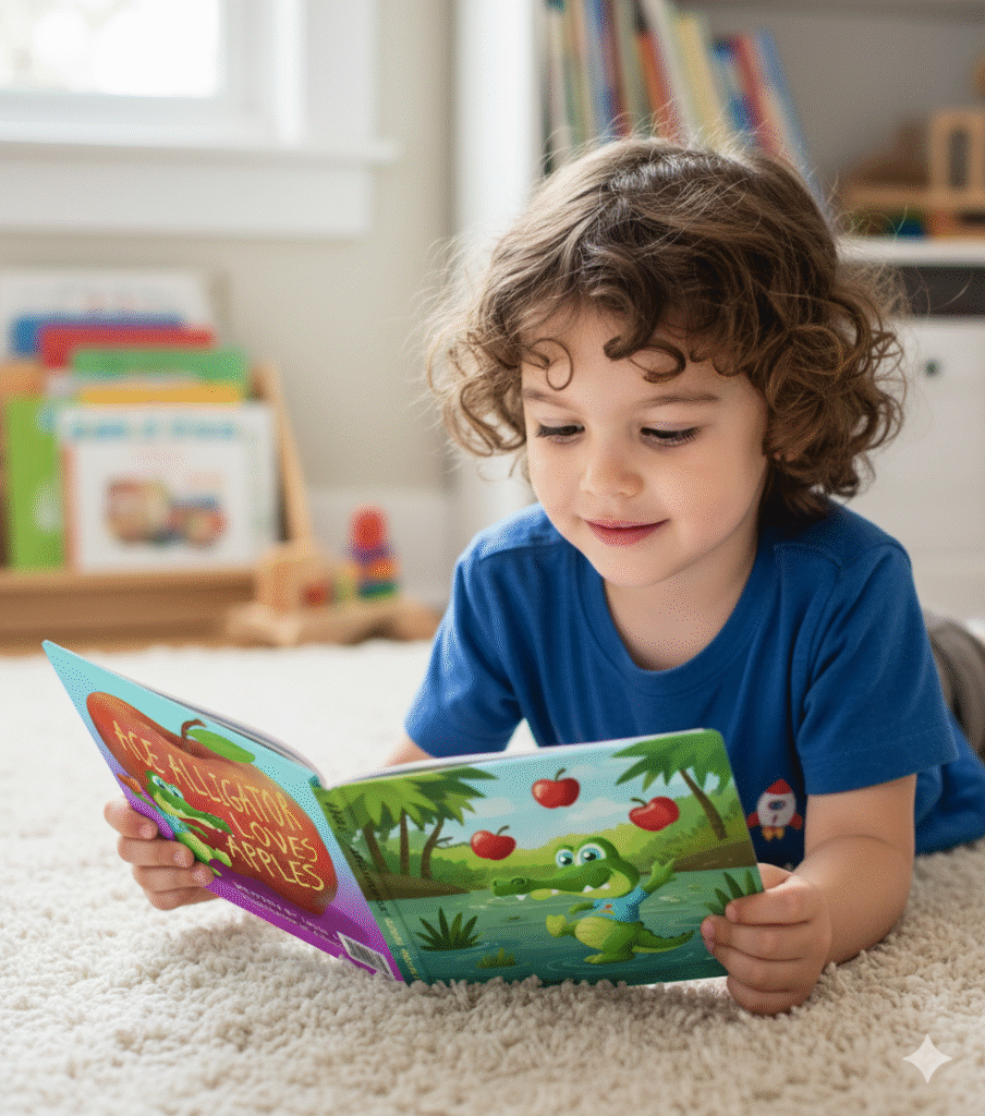 Child reading Ace Alligator Loves Apples